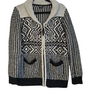 Roots Canada Fair Isle Shawl Collar Zip‎ Up Cardigan Sweater L G Black White